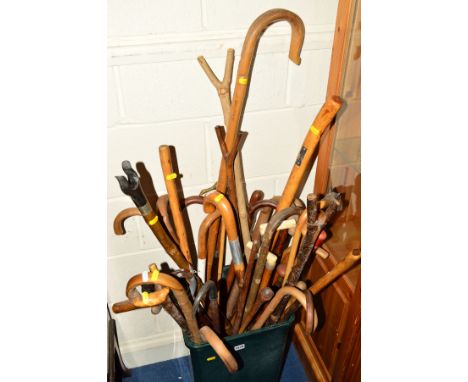 A TUB CONTAINING A LARGE COLLECTION OF VARIOUS WALKING STICKS, to include a silver topped malacca walking stick, etc