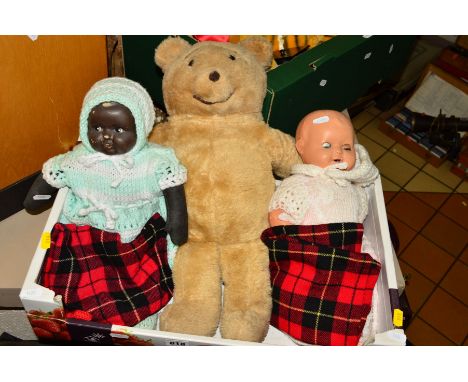 AN ALRESFORD CRAFTS HONEY BEAR, c.1970's, approximate height 50cm, label to rear with two unmarked composition head dolls, on