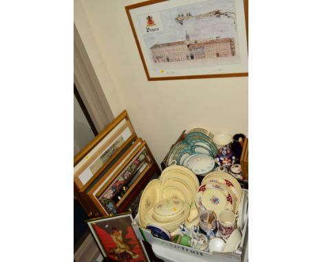TWO BOXES AND LOOSE CERAMICS, PICTURES ETC, to include Newhall part dinnerwares, Empire 'Ascot' part dinnerwares, boxed carvi