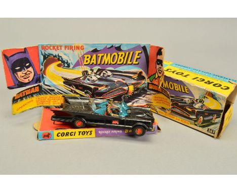 A BOXED CORGI TOYS BATMOBILE, No.267, original version with gloss black body, Bat logo on doors (s.d.), gold cast hubs and bo