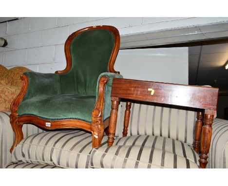 A VICTORIAN WALNUT SPOON BACK ARMCHAIR, with green velour upholstery together with a Georgian mahogany commode (sd) (2)      