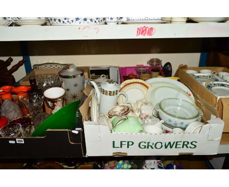 SIX BOXES OF ASSORTED CERAMICS AND GLASSWARE, including a boxed Midwinter floral pattern dinner service, kitchen storage jars