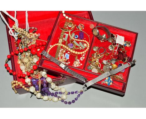 A BOX OF COSTUME JEWELLERY AND WATCHES, to include a Tissot, Accurist and Rotary wristwatch, costume jewellery earrings, brac