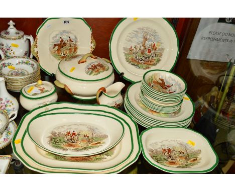 SPODE 'THE HUNT' PART DINNERWARES WITH SCENES FROM ORIGINAL DRAWINGS BY J.F.HERRING, to include cake plate 'Gone Away', turee