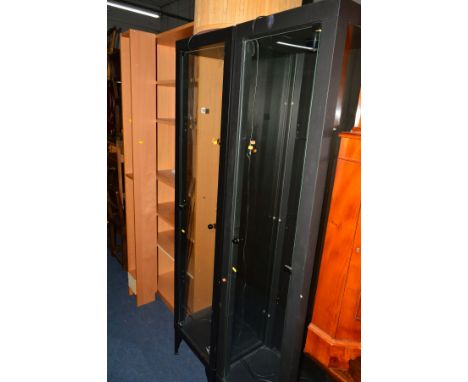 A PAIR OF TALL METAL DISPLAY STANDS with single doors, width 45cm x depth 40cm x height 189cm (with glass shelves) together w