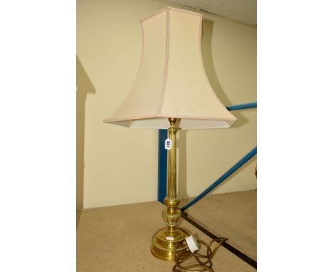 A FARADAY &amp; SON BRASS BASED COLUMN TABLE LAMP, beaded rims, with cream shade, lamp height 50cm