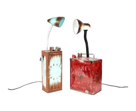 A vintage red petrol can, converted to a desk lamp, varnished and wired for electricity, 62cms high; together with another vi