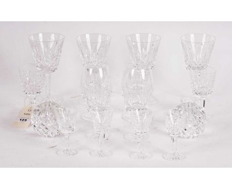 A suite of Waterford Crystal glass ware, comprising: four stemmed wine glasses, four sherry glasses, and four liqueur glasses