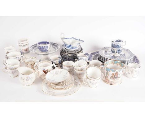 A collection of blue and white and other ceramics, including: Bow blue and white sauceboat, circa 1760, painted with 'The des