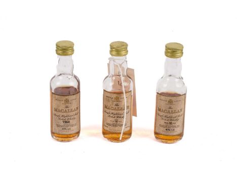 Three Macallan Single Highland Malt Scotch Whisky miniatures, comprising: The Macallan Single Highland Malt Scotch Whisky, 19