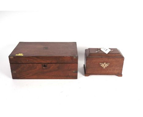 A Victorian rosewood writing slope, with brass mounts and cartouche, 40.5cms wide; together with a 19th Century mahogany tea 