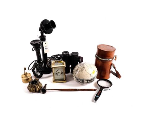 Assorted desk accessories and collectibles, including: a 19th Century French brass carriage clock; a vintage stick telephone;