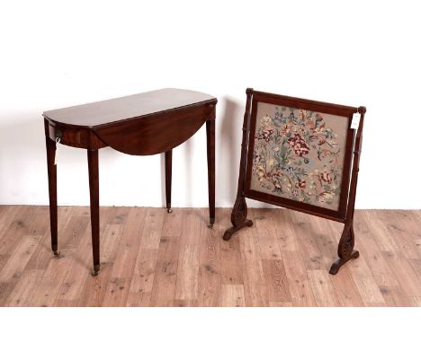 An Edwardian mahogany Pembroke table, 90 x 38 x 71cm high, together with a 20th Century tapestry fire screen, 77 x 65 x 25cm 