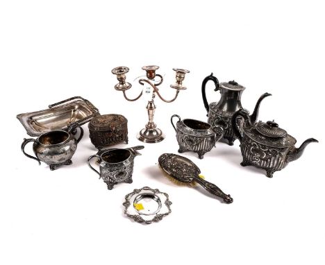 A collection of silver and plated wares, including: an Art Nouveau silver backed hair brush; a French trinket box, with uphol