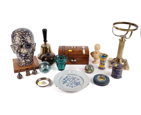 Assorted collectibles, including: a mixed media ‘Fly me to the moon’ bust, by Miriam Hall; a Victorian walnut work box; a bra