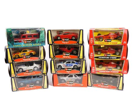 A collection of Bburago diecast model vehicles, 1:25 scale, including Range Rover, Ferrari, Porsche and others, each boxed. (