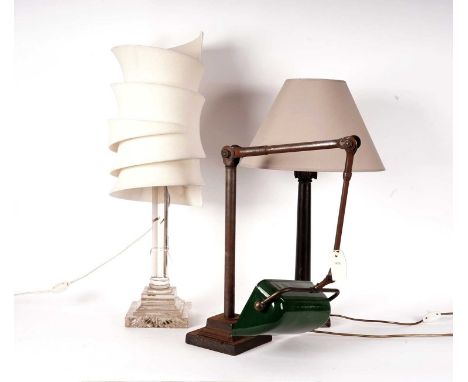 A vintage cast metal Dugdills Patent desk lamp, with green glass shade, adjustable; together with a glass Corinthian column t