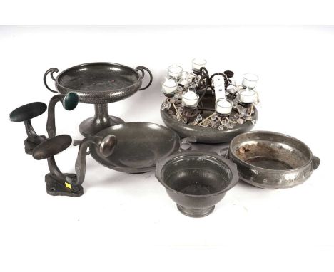 A selection of Art Nouveau and other pewter wares, including: a twin handled hammered pewter ‘Unity’ bowl, 20.5cms diameter; 