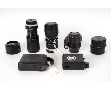 A selection of camera lenses, including: a Canon Sigma UC Zoom 70-210mm F4 lens; a Tamron CF Tele Macro 80-120mm F3.8 lens; a