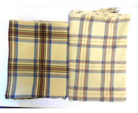 TWO WELSH WOOL BLANKETS  of traditional tartan design, comprising one in cream, blue and brown, 226cm x 140cm (inclusive of e