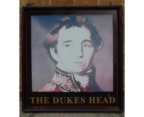 AN IRON-BANDED ALUMINIUM PUB SIGN 'THE DUKES HEAD'  with a colour printed portrait of the Duke of Wellington, overall 98cm x 