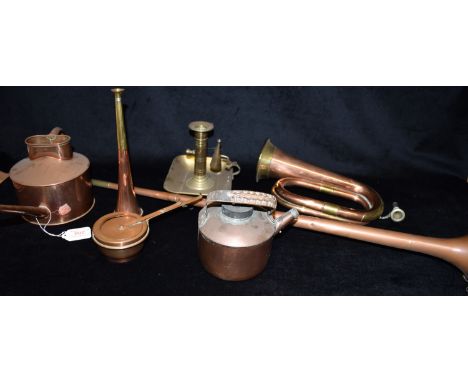 A COLLECTION OF BRASS AND COPPER WARE  including bugle, coaching and hunting horn, Haws watering can etc. Condition Report : 