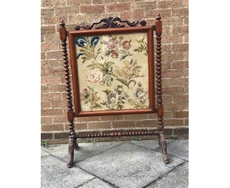 MAHOGANY FRAMED AND FLORAL TAPESTRY FIRE SCREEN H 111cm x W 77.5cm