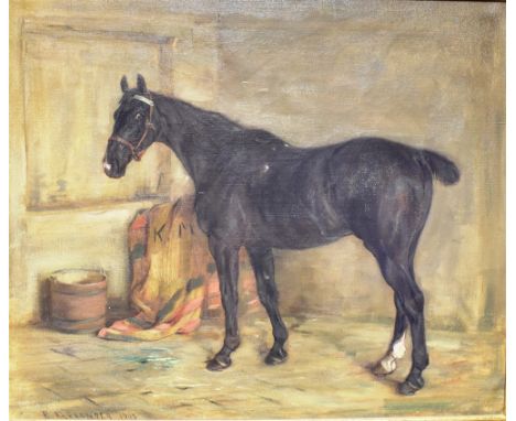 ROBERT L ALEXANDER (1840-1923) Portrait of a hunter in a stable interior Oil on canvas Signed and dated 1903 lower left 51cm 