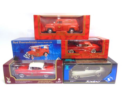 FIVE ASSORTED 1/18 &amp; 1/19 SCALE DIECAST MODEL VEHICLES  most of fire service interest, each mint or near mint and boxed.