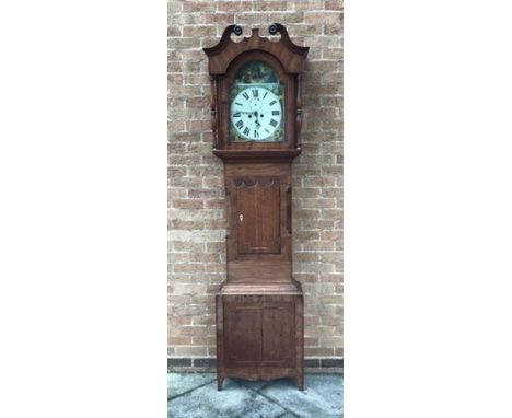 A 19TH CENTURY 8-DAY LONGCASE CLOCK  the enamel dial with subsidiary date and seconds dials, painted with buildings to the sp