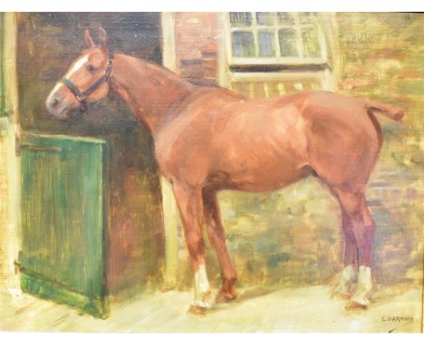 GEORGE DENHOLM ARMOUR (1864-1949)  'Gilpin': portrait of a bay horse in a yard Oil on board Signed lower right, titled upper 