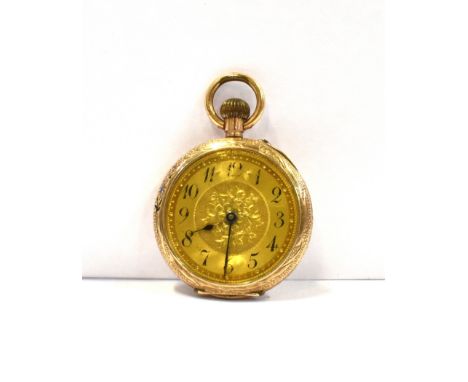 A 9CT GOLD OPEN-FACED POCKET WATCH  the dial decorated with central gilt floral design, Arabic numerals and gilt face, the re