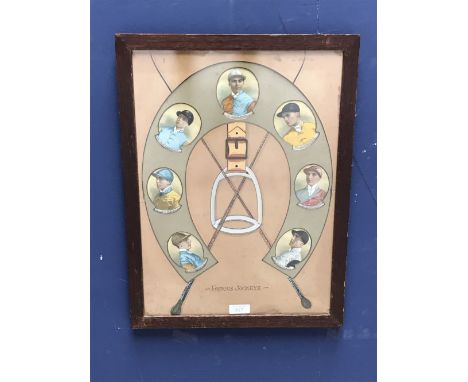 Framed hand coloured C19th lithograph 'Famous jockeys' with a hand painted mount 44.5 X 32cm (please remember to check condit