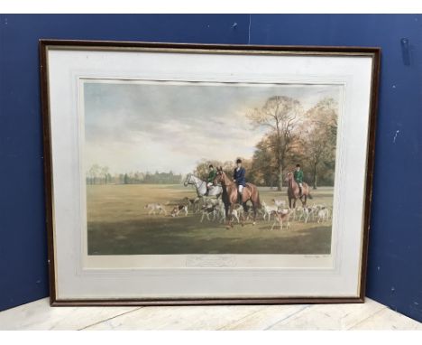 Large framed & glazed colour print, "The Duke of Beaufort and his hounds in Badminton Park, 1973", Signed on mount Madeline S
