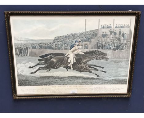 After Sidney R Wombill, framed hand coloured aquatint of 'the finish for the Derby 1885' showing Fred Archer winning on Melto