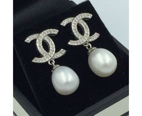 Pair of silver & Cubic Zirconia & freshwater pearl drop earrings (please remember to check condition of lots before  bidding 