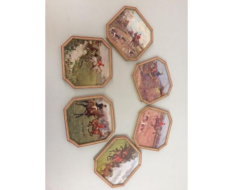 Set of 6 octagonal shaped wine coasters each decorated with a different hunting scene 10 X 10cm (please remember to check con