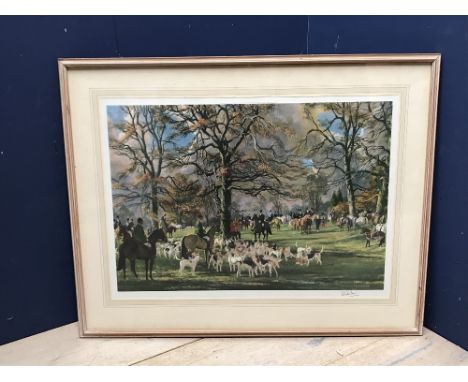 Colour print, framed & glazed, "The Meet of the Beaufort Hounds", signed on mount T.S La Fontaine (please remember to check c