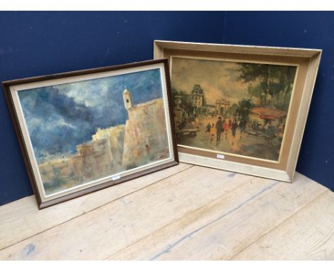 JULIAN PHIPPS oil on board 'Continental  scene 'signed LL dated 1984 45x59 f, & a print of a french town scape (please rememb