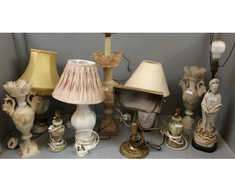Selection of 10 marble, alabaster,brass lamp bases & 3 shades (please remember to check condition of lots before  bidding at 
