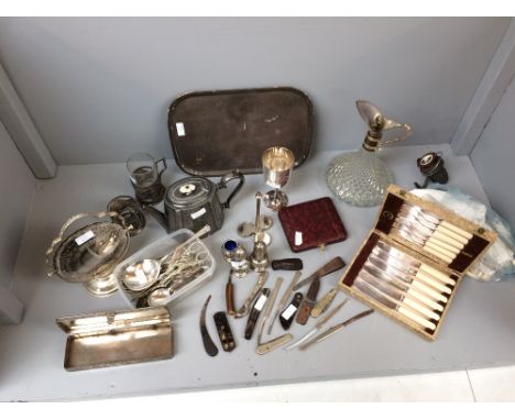 Tray, 2 metal & glass coffee mugs, tin containing a selection of pocket knives, box of silver plated items (please remember t