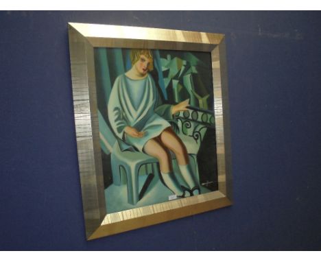 An oil painting portrait of a young lady of the Art Deco period seated by a veranda in stylized frame signed 59.5x49.5cm (ple