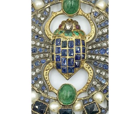 Emerald, sapphire, ruby, pearl & diamond circular scarab brooch/pendant, circa 1885 (please remember to check condition of lo