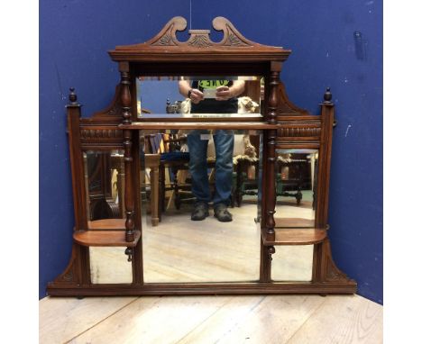 Pediment mahogany 3 shelf mahogany over mantel mirror with 4 panes & bevelled glass 109 x 90 (please remember to check condit