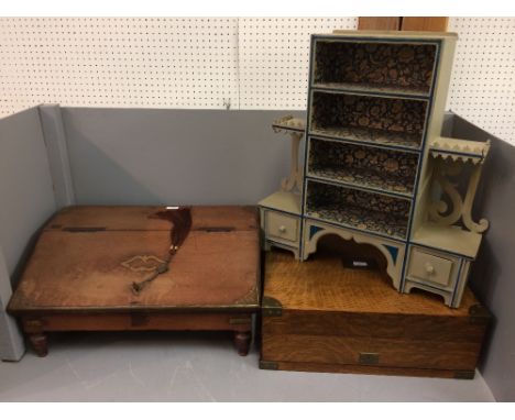 Indian made writing slope, hanging wall shelf, oak storage box (please remember to check condition of lots before  bidding at