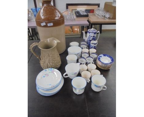 A Stevenson & Hancock 6 piece coffee set, an Art Deco part tea set, a Burleighware willow pattern coffee set, stone flagon in