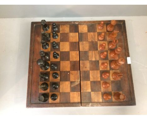 Backgammon & chess board box containing rosewood and box wood weighted pieces, Staunton chess pieces (white knight missing) (