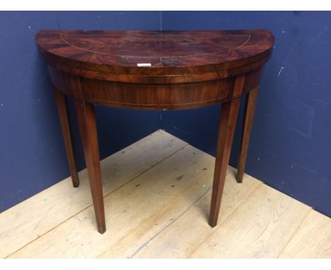 Regency inlaid figured mahogany fold over card table with green baize 88D cm (please remember to check condition of lots befo