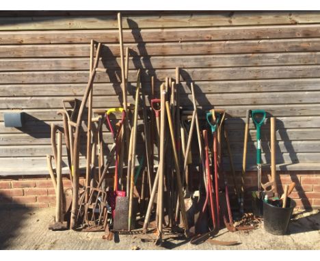Large quantity of garden tools including spades,hoes,forks,etc (please remember to check condition of lots before  bidding at