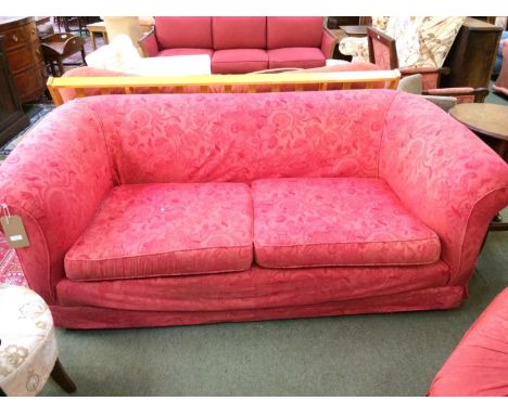 3 seater sofa by Rossiters of Bath, hardwood frame and red damask, loose cover; 190cmWx90cmD (please remember to check condit